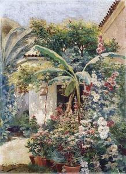 Vista De Un Patio Sevillano Oil Painting by Jose Garcia Y Rodriguez