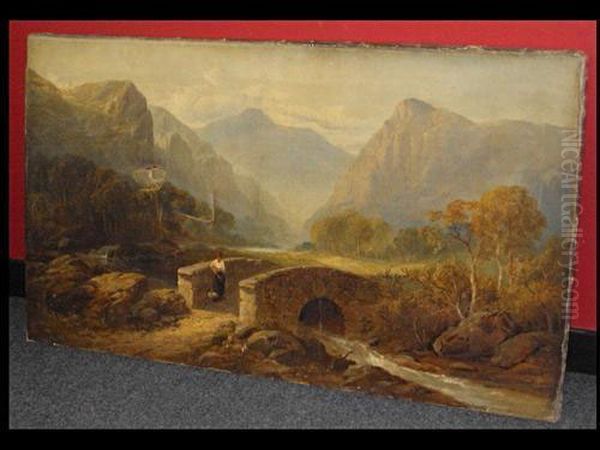 Mountain River Landscape With Figure Before A Stone Bridge Oil Painting by Clarence Roe