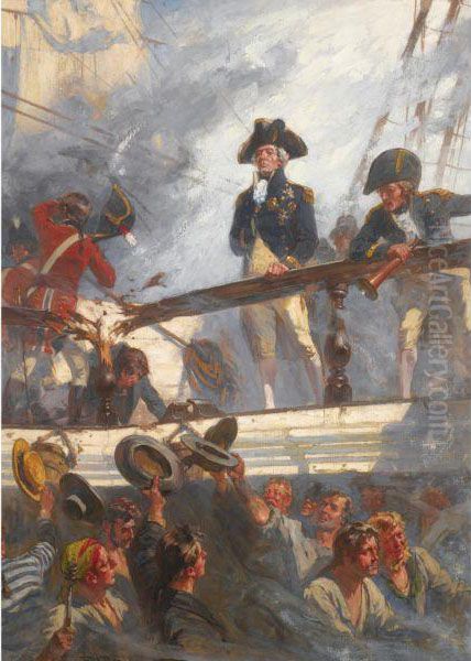 Close Action: Nelson At Trafalgar Oil Painting by Frederick Rushing Roe