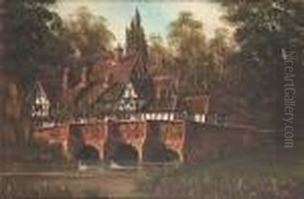 Timbered Inn On A Bridge, River And Swans In The Foreground Oil Painting by Frederick Rushing Roe