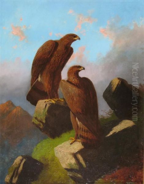 Eagles On A Mountain Top In The Highlands Oil Painting by Robert Henry Roe