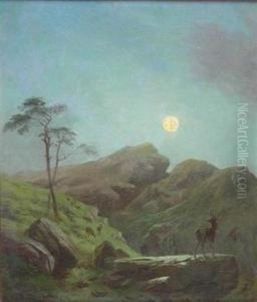 Deer By Moonlight Oil Painting by Robert Henry Roe