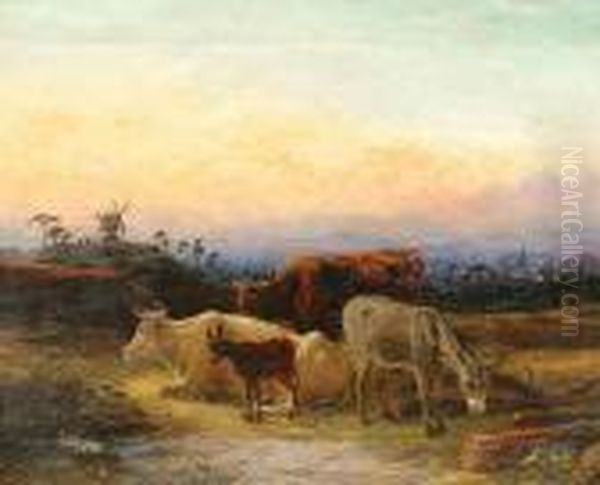 Cattle And Donkeys At Sunset Oil Painting by Robert Henry Roe