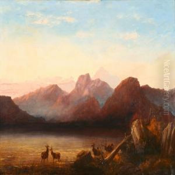 Mountainous Landscape With Deer At The Waters Edge Oil Painting by Robert Henry Roe