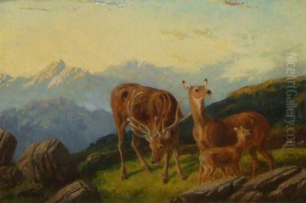 Scottish Highland Deer Oil Painting by Robert Henry Roe