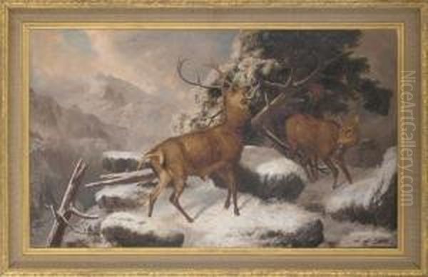 Deer In A Winter Landscape by Robert Henry Roe