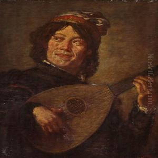 Buffoon Playing A Lute Oil Painting by Walter Herbert Roe