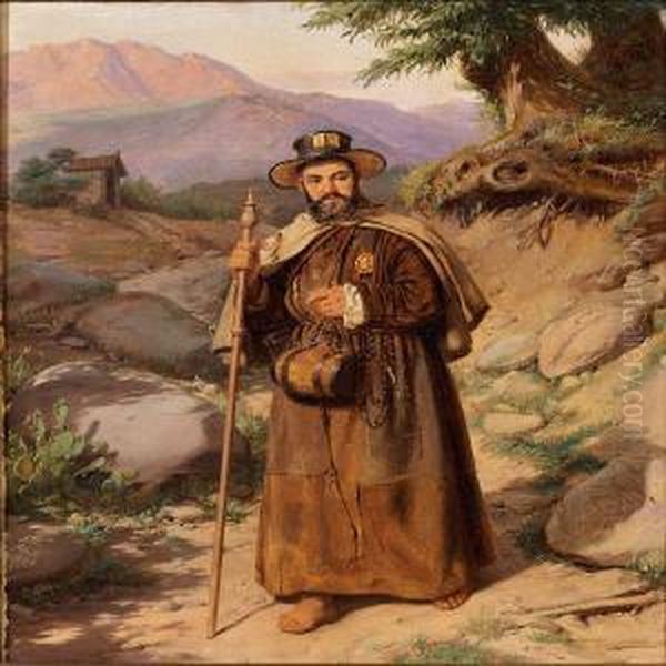 An Italian Monk Hiking In The Mountains Oil Painting by Jorgen Roed