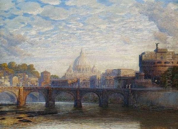 Rome. 
Peter's Basilica And Angels Castle Seen From River Tiber. Oil Painting by Max Roeder