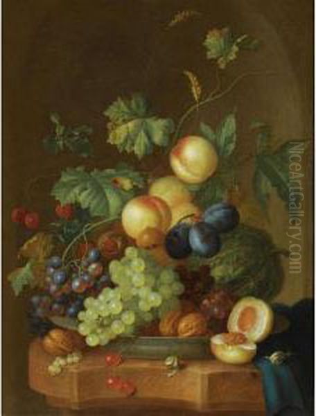 A Still Life With Peaches, Grapes, Plums, A Melon, Cherries, Walnuts, Chestnuts On A Wan-li Porcelain Plate, Together With Two Snails On A Marble Ledge, Draped With A Blue Cloth Oil Painting by Johan Christian Roedig