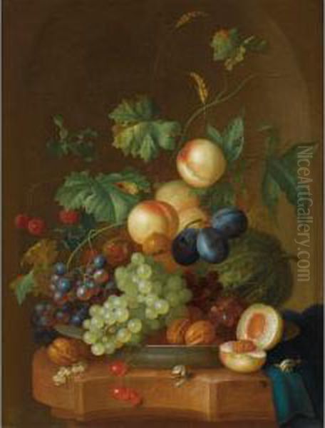 Other Properties
 

 
 
 

 
 A Still Life With Peaches, Grapes, Plums, A Melon, Cherries, Wallnuts, Chestnuts On A Wan-li Porcelain Plate, Together With Two Snails On A Marble Ledge, Draped With A Bl Oil Painting by Johan Christian Roedig