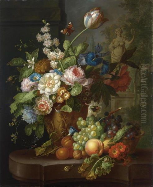 A Still Life With Pink Roses, Small Morning Glory, Irisses, A Hyacinth, A Poppy Anemone, Auricula, A Tulip And Other Flowers In A Vase Sculpted With Classical Figures, Together With Grapes, Peaches, Apricots And Wallnuts, All On A Stone Ledge With A Drago Oil Painting by Johan Christian Roedig