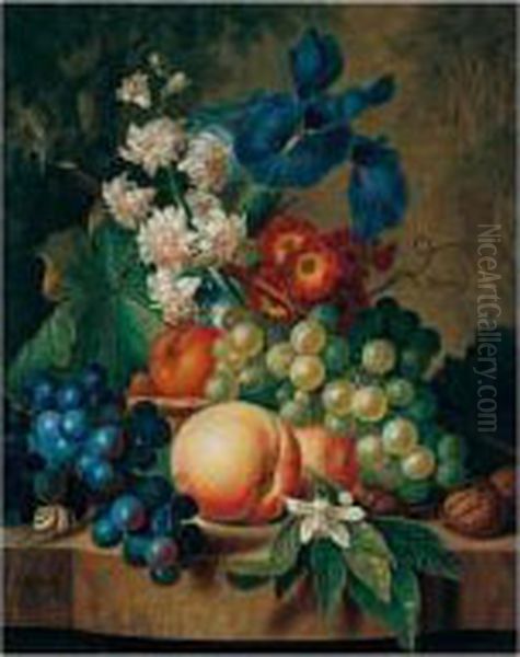 Still Life Of Grapes, Peaches, Walnuts, Irises, And Other Flowers On A Stone Ledge Oil Painting by Johan Christian Roedig