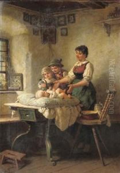 Admiring The Newborn Oil Painting by Wilhelm Roegge