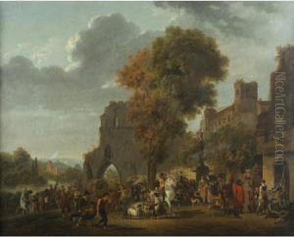 A Market Scene With A Passing Troop Of Soldiers Oil Painting by Adolphe Roehn