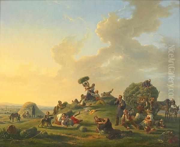 Numerous Figures Merry-making At Harvest Time Oil Painting by Jean Alphonse Roehn