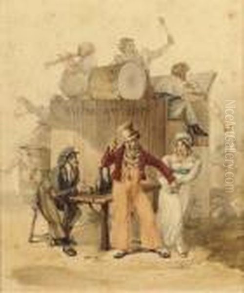 Un Homme Trinquant Entraine Par Une Femme, Un Orchestre Sur Uneestrade Au Second Plan Oil Painting by Jean Alphonse Roehn