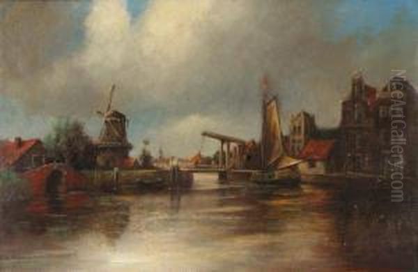 Dutch Canal Scene Oil Painting by Roelofs