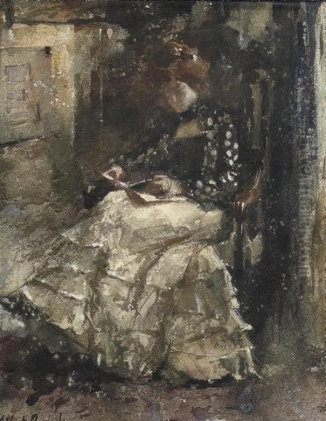 Mientje Reading In The Atelier Oil Painting by Albert Roelofs