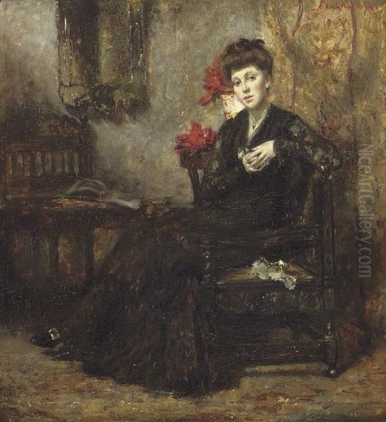 Meditation: A Diva Wearing A Black Lace Dress Oil Painting by Albert Roelofs