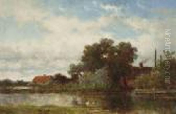 Farms Along A Waterway Oil Painting by Willem Roelofs