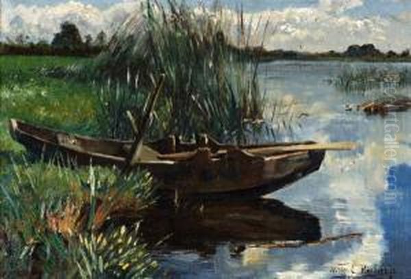 Polderlandschap Met Roeiboot In De Rietkraag Oil Painting by Willem Roelofs