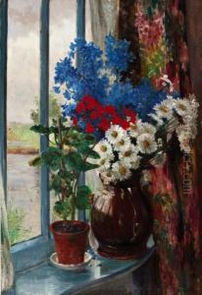 Bloemen En Kamerplant In Vensterbank Oil Painting by Willem Roelofs