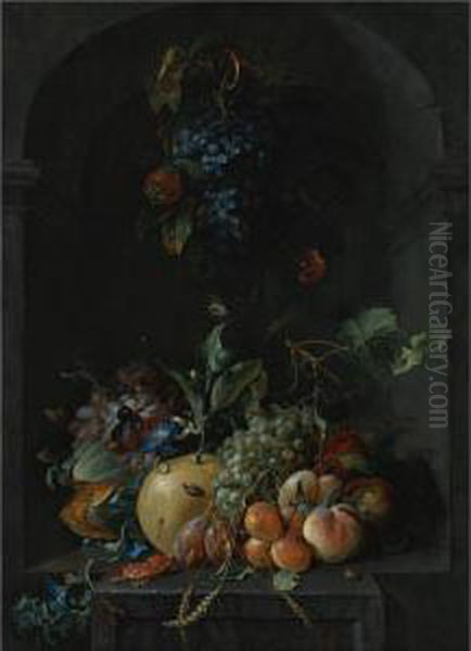 Still Life Of Grapes, Melons, Peaches, Plums And Other Fruit With Morning Glory And Shafts Of Wheat In A Stone Niche, With A Bunch Of Grapes And Medlars Hanging Above Oil Painting by Coenraet Roepel