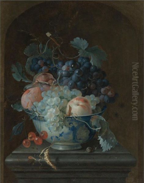 Still Life With Grapes, Cherries, Peaches And A Fig In A Porcelain Bowl Resting On A Ledge Before A Stone Niche Oil Painting by Coenraet Roepel