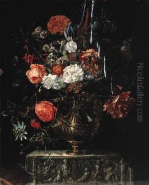 Roses, Carnations, Iris, Morning Glory And Other Flowers In A Giltbowl On A Sculpted Ledge Oil Painting by Coenraet Roepel