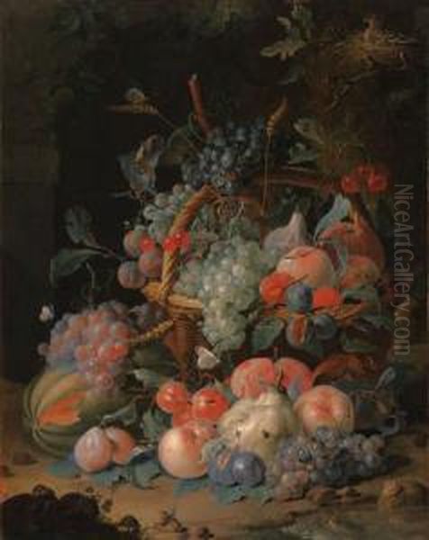 Grapes, Cherries, Plums, Raspberries, Tangerines, Apples, Oranges,peaches, Pears, Apricots And Ears Of Corn In A Basket, With A Melonand Other Fruit, Two Birds In A Nest, A Snail, A Fly, A Toad,butterflies, A Caterpillar And Other Insects In An Alcove Oil Painting by Coenraet Roepel