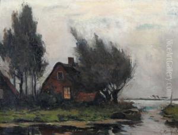 Landskap Med Hus Vid Vatten Oil Painting by Gerardus Johannes Roermeester