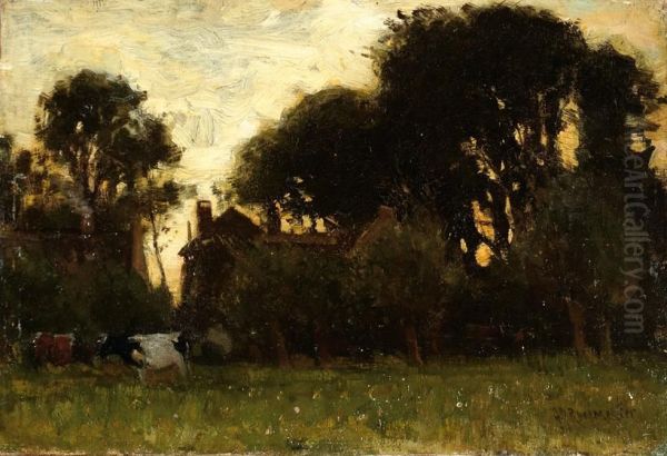 Cows In A Meadow With A Farm In The Background Oil Painting by Gerardus Johannes Roermeester