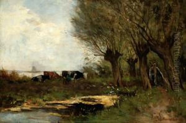 A Farmer Milking A Cow By A Ditch Oil Painting by Gerardus Johannes Roermeester