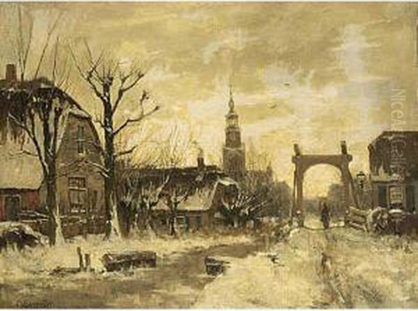 View Of Nieuwkoop In Winter; Together With A Work By Anne Franciscus Hartman Oil Painting by Gerardus Johannes Roermeester