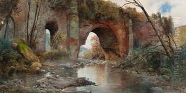 An Old Aqueduct Oil Painting by Ettore Roesler Franz