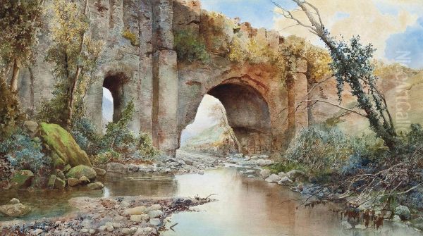 A River Running Under An Aquaduct On The Roman Campagna Oil Painting by Ettore Roesler Franz