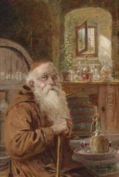 Monk In The Wine Cellar Oil Painting by Georg Roessler