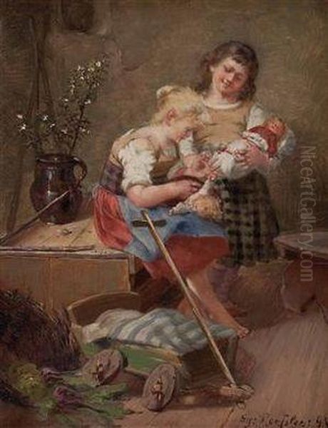 Zwei Madchen Mit Puppen Oil Painting by Georg Roessler