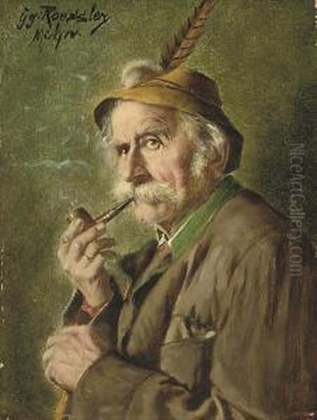 Bavarian Figure Smoking A Pipe Oil Painting by Georg Roessler