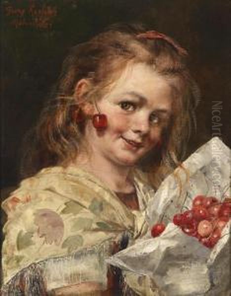 Girl With Cherries Oil Painting by Georg Roessler