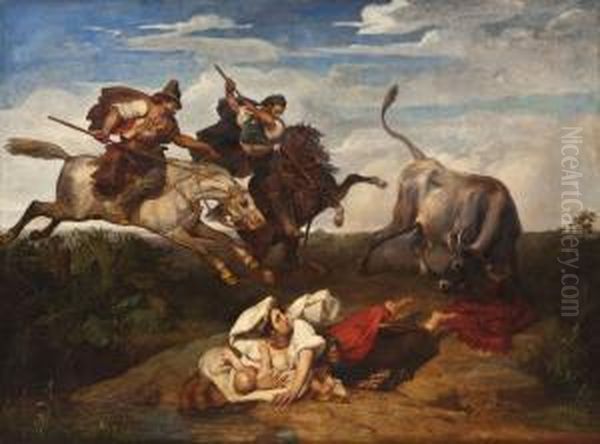 Die Rettung Vor Dem Wilden Stier Oil Painting by Adolphe Roger