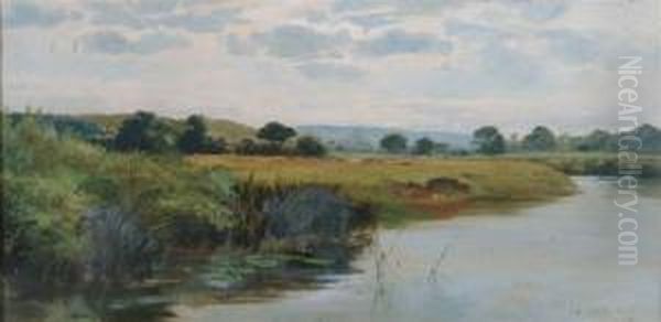 Cattle Grazing On The Banks Of A River Oil Painting by A. Lee Rogers