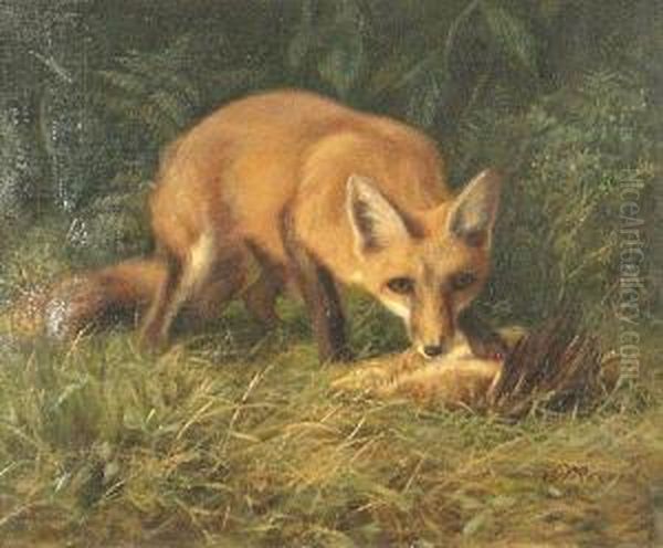 A Fox With Its Prey Oil Painting by J. Rogers