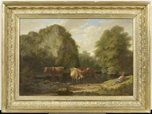 River Landscape With Cows And A Cowherd Oil Painting by Phillip Hutchins Rogers