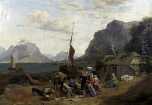 Scottish Fisherfolk On The Shore Oil Painting by Phillip Hutchins Rogers