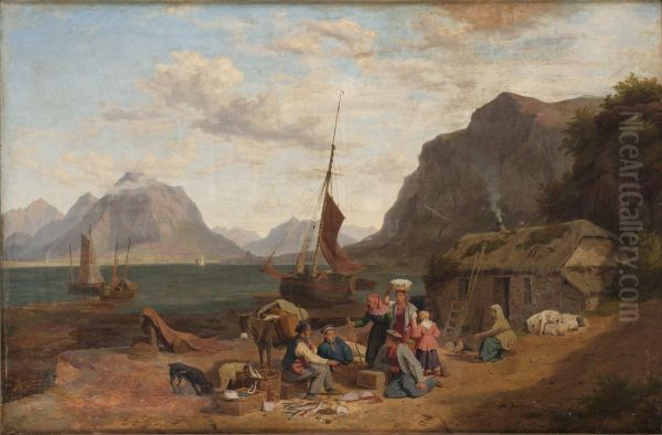 Kustlandskap Med Rastande Sallskap Vid Bat Oil Painting by Phillip Hutchins Rogers