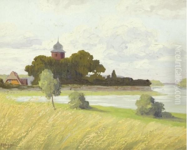 Norddeutsche Seelandschaft Mit Blick Auf Eine Ortschaft Oil Painting by Emy Rogge