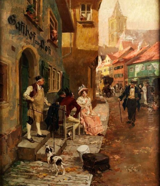 Biedermeierliches Strassentreiben Vor Demgasthof Zur Post Oil Painting by Wilhelm Sen Roegge