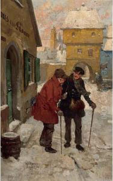 Travellers In A Snow Covered Town Oil Painting by Wilhelm Ii Rogge